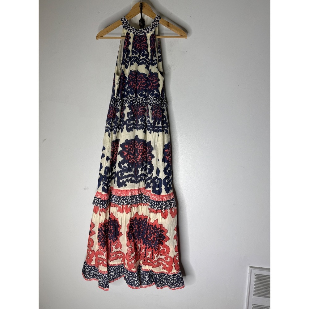 Ash & Eden Womens Cotton Halter Maxi Dress Navy Coral Damask Block Print Tiered